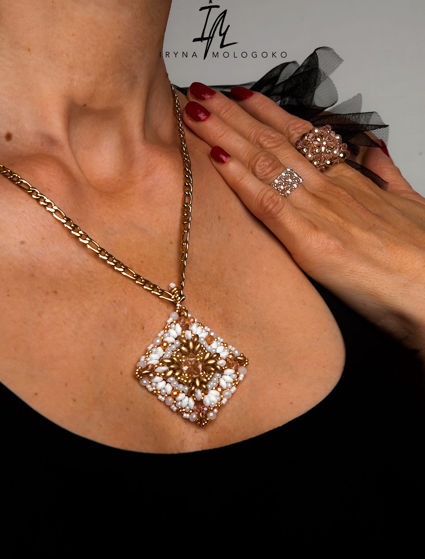 Dominique Reversible Handbeaded Lace Large Luxurious Pendant Necklace