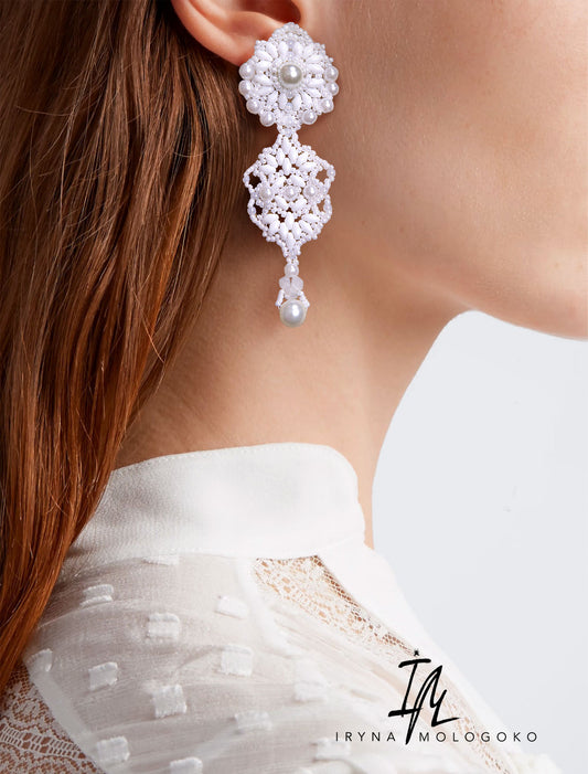 White Wedding Bridal Beaded Stud Earrings