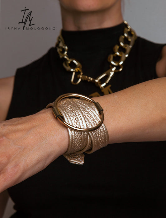Leather Golden Beige Cuff Belt Bracelet