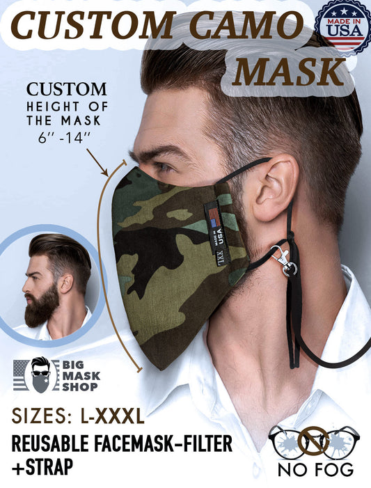 CUSTOM Camouflage Large Face Mask For Men With Beards + Lanyard